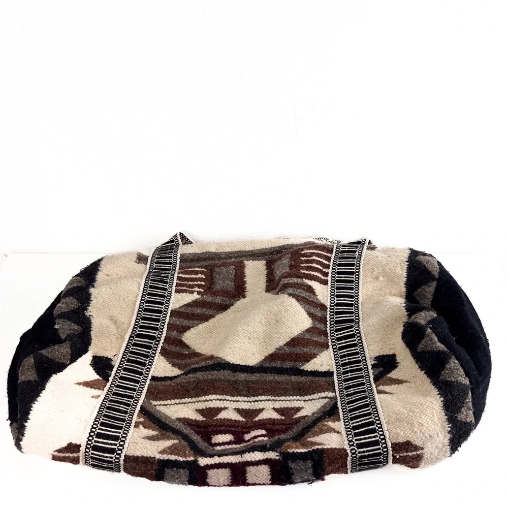 Vintage Hand Woven Wool Duffel Bag Southwestern Tribal Geometric Weekender
